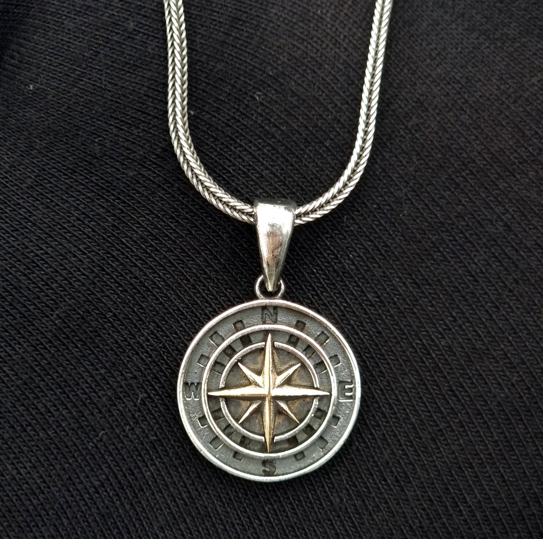 Silver Compass Inlay Handmade 925 Sterling Silver Compass Pendant Necklace - Gift for Him ...