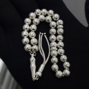 33 Prayer Beads Sphere Cut Dotted , Silver Misbaha, 33 Beads Tasbeeh, Handmade Tasbeeh, Silver Tasbih, 925 Sterling Silver Gift for him her