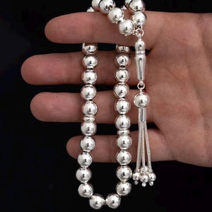 925 Sterling Silver Islamic Prayer Beads: Shiny Sphere Cut Tasbih Misbaha