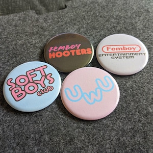 Super Gay Button Badge Set #2 - 4 x 58mm Pin Buttons - Femboy Hooters - Soft Boys Club - uWu - Femboy Pins - Gay Buttons - Made in the UK