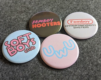 Super Gay Button Badge Set: Femboy Hooters, Soft Boys Club (4 x 58mm)