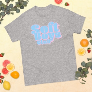 May include: A heather grey t-shirt with a light blue and pink graphic that says "Soft Boys Club".