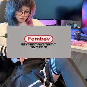 May include: A gray laptop with a white and red logo that says "Femboy Entertainment System".