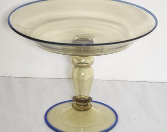 Amber Transparent Glass Compote with Flemish Blue Rim Pedestal Hand Blown Card Steuben?  Murano? Other?  (INV Cbnt)