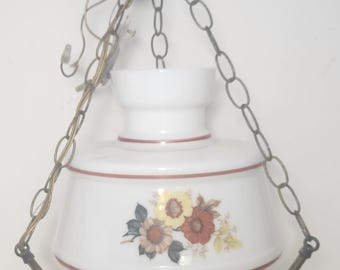 Mid Century Hurricane Hanging Swag Lamp Antique Brass Floral Globe Turned Wooden Bottom  (invebshlv#1)