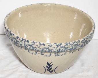 Robinson Ransbottom Pottery 10" Mixing Serving Bowl 6 Quart Blue Sponge R.R.P. Co. Roseville Ohio Vintage Wheat Pattern (INVCRT C46 #22)