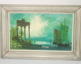 Van Gaard Signed Painting from Van Guard Studios Mid Century Oleograph Coastal Roman Sailboats (invflr#1)