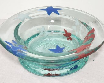Hand Blown Glass Bowl Stars Starfish. Very Heavy.  Signed.  (invCR46)