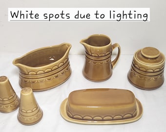 Coventry Homer Laughlin Castilian Granada / Harverst Gold Dinnerware Set Sugar Creamer Salt Pepper Butter Dish Gravy Boat (INVCrt C18 #12)