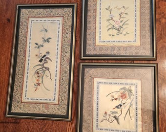 Vintage Chinese Silk Embroidery Birds Flowers Framed.  Set of 3.  (invets10)