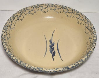 Robinson Ransbottom Pottery 12" Past Bowl Serving Dish Blue Sponge R.R.P. Co. Roseville Ohio Vintage Wheat Pattern (INVCRT C44 #23)