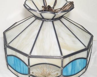 Leaded Glass Panel Swag Hanging Light Shade With Encassed Dried Flowers.  10 Sided.  Heavy.   (invflrtblxpebetl#31)