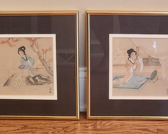 Vintage Chinese Watercolor Asian Art Signed Framed.  Set of 2  (invets12 )