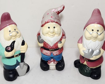 Vintage Garden Gnomes Terra Cotta Lot of 3. 10" Tall   (invc9)