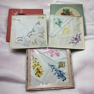 Handkerchief Sets - Lot of 3 sets in Original Boxes - Embroidered with Lace - NWT - (invET01)