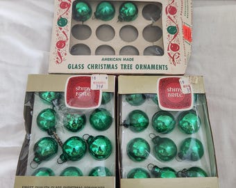 Mini Shiny Brite Christmas Ornaments Lot.  Vintage IN BOXES.  Green Ornaments  (Inv Cr 20 #50)