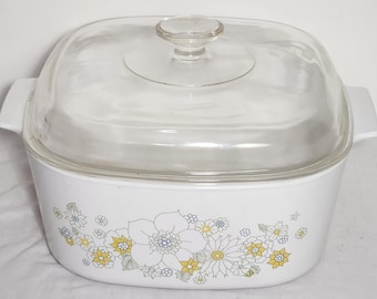 Corning Ware Caserole Baking Dish A-5-B Floral Bouquet 5 Quart with A12C Lid Early 1970's    (invETCr70)
