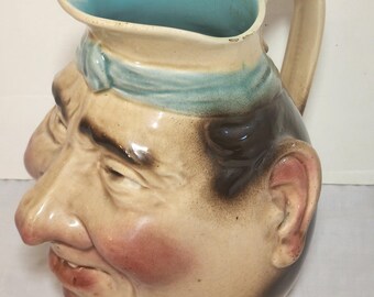 Antique French Sarreguemines Majolica Toby Jolly Face Creamic Jug Pitcher 8.5" High (invsnrmshlvs)