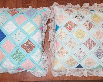 Vintage Quilted Sewn Throw Pillows Cathedral Window. Lace Trimmed.  Beautiful!  (inv. ets06)