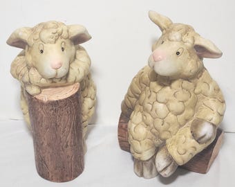 Vintage Hand Painted Terracota (or ceramic) Sheep On a Log  (INVS10)