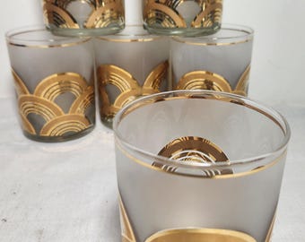 Culver Clouds Set of 6 Lowball Drinking Glasses 22K Gold Barware Whiskey Whisky Bourbon Old Fashioned (InvC36#22)