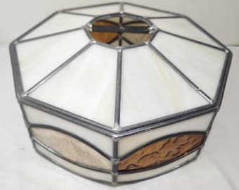Leaded Glass Panel Swag Hanging Light Shade With Encassed Dried Flowers.  Octagonal.  Heavy.   (invets02)
