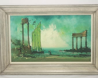 Van Gaard Signed Painting Van Guard Studios Mid Century Oleograph Coastal Roman Sailboats (invflr#2)