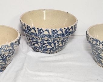 Robinson Ransbottom Pottery Mixing Serving Bowls  (2) 1 & 1-1/2 Quart Blue Sponge R.R.P. Co. Roseville Ohio  (INVCRT C46 #18)