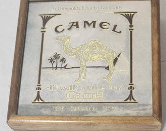 Vintage Camel Cigarettes Wood Classics Etched Mirror Box Centennial 1875-1975 R.J. Reynolds Tobacco Advertising Display Case (invets12)