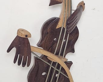 Wooden Sculpture Hands Playing Cello Vintage Island Art  (inv Ets2)