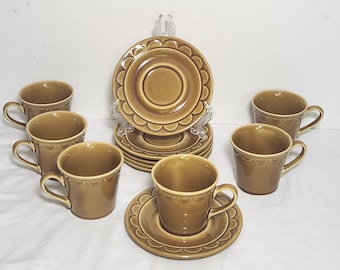 Coventry by Homer Laughlin Castilian Granada / Harverst Gold Dinnerware Mid Century  1970's Set of 6 Cups and Saucers (INVCrt C14 #8)