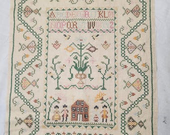 Vintage Paragon Needlecraft Alphabet Sampler Linen Cross Stitch Signed 1970 Cottage Core Farmhouse  (INVB04#2)