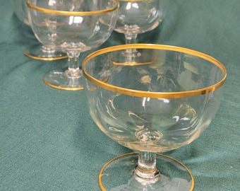 Vintage Mouth Blown Crystal Dessert Bowl Champagne Coupe Footed Gold Rim Set of 4. (InvETS12)