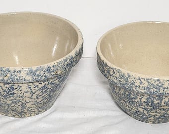 Robinson Ransbottom Pottery Mixing Serving Bowls  2 & 1-1/2 Quart Blue Sponge R.R.P. Co. Roseville Ohio  (INVCRT C46 #10)