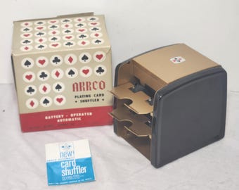 Vintage Playing Card Shuffler.  Arco. Metal with Box. Black and Gold. Battery Operated.  Great Condition! (invBX12)