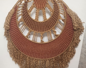 Vintage Macrame Wall Hanging Bohemian Sun and Moon Hoop.  Large with Patina.  (invETS11)