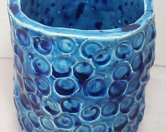 Blue Bubbly Bubble Pattern Pottery Vase.  Hand Made. Signed.  (invCr32)