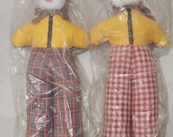Vintage Carnival Game Prize Plush Clown Dolls Pair. Mid Century Fabric Bodies and Plastic Faces. In Wrapping.  22" Tall.  (invETS02)