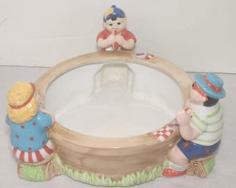 Vintage Lotus Ceramic Novelty Chip Bowl Picnic People Eating Hotdogs.  Chubby Chip and Dip (invCR32 #2)