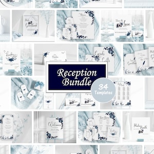 Navy Blue Floral Reception Bundle, Wedding Template Bundle, Digital, DIY, Editable Template, Navy Blue and White