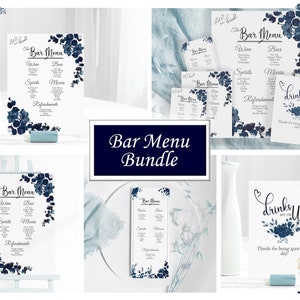Navy Blue Floral Bar Menu Bundle, Wedding Template Bundle, Digital, DIY, Editable Template, Navy Blue and White wedding