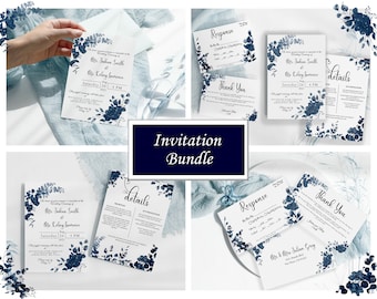 Navy Blue Floral Invite Bundle, Wedding Invitation Template Bundle, Digital, DIY, Editable Template, Navy Blue and White wedding invitation