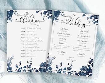 Navy Blue Floral Wedding Program, Wedding Program Template, Digital, DIY, Editable Template, Navy Blue and White wedding
