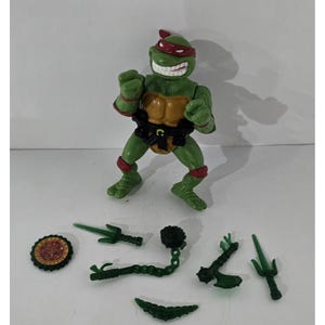 May include: A green action figure of a Teenage Mutant Ninja Turtle with a red mask, brown shell, and black belt. Several green weapons and a circular shield are included. The figure is posed in a fighting stance.
