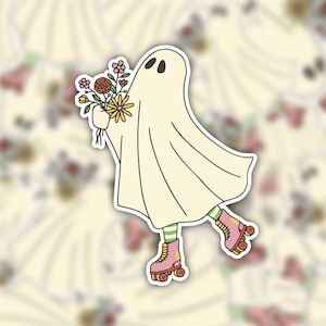 Roller Skating Ghost Vinyl Sticker, Floral Ghost, Cute Ghost Sticker, Spooky Halloween Ghost Roller Skating Sticker, Laptop Sticker