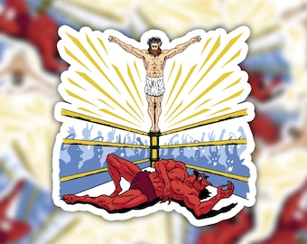 Jesus Wrestling Satan Sticker, Funny Offensive Sticker, Jesus Christ Wrestling The Devil, Cool Novelty Sticker, Meme Sticker, Weird Sticker