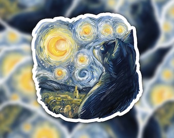 Może przedstawiać: Czarny kot w sylwetce na tle wirującego niebieskiego i żółtego nocnego nieba, przypominającego 'Gwiezdną noc' Vincenta van Gogha.