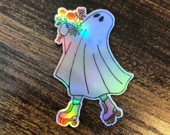 Holographic Roller Skating Ghost Vinyl Sticker, Floral Ghost, Cute Ghost Sticker, Spooky Halloween Ghost, Waterproof Sticker, Car Sticker