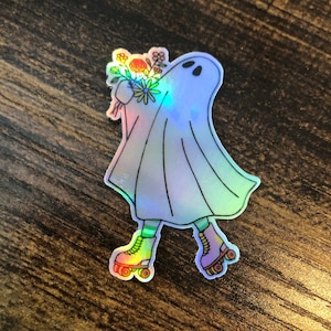 Holographic Roller Skating Ghost Vinyl Sticker, Floral Ghost, Cute Ghost Sticker, Spooky Halloween Ghost, Waterproof Sticker, Car Sticker