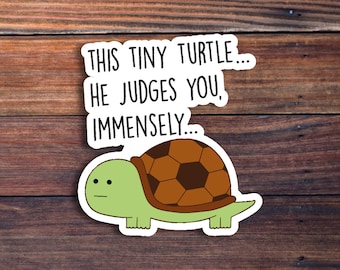 Può includere: Un adesivo con una tartaruga di cartone animato con un guscio di pallone da calcio. Il testo dice "Questa piccola tartaruga... ti giudica, immensamente..."